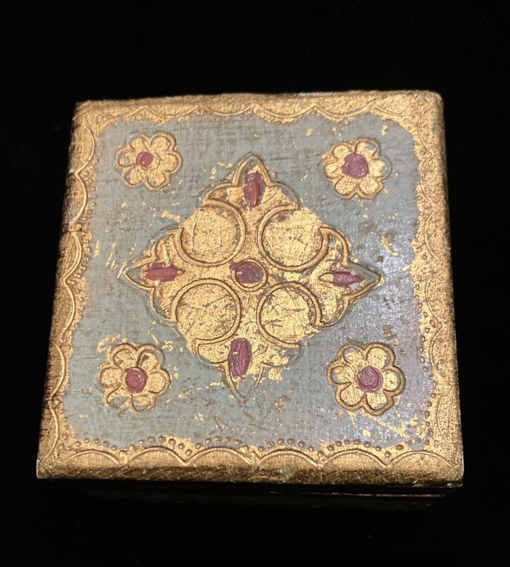 Italian Florentia Gold Gilt Teal Green Wood Trinket Box Red Floral 2.5” VTG
